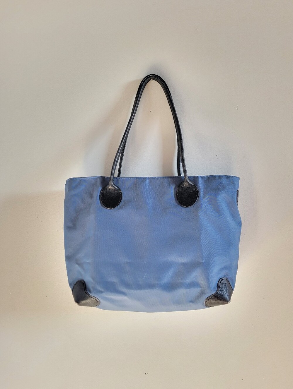 Classic Hervé Chapelier Baby Blue Nylon Shoulder Tote Bag Black Leather Accents